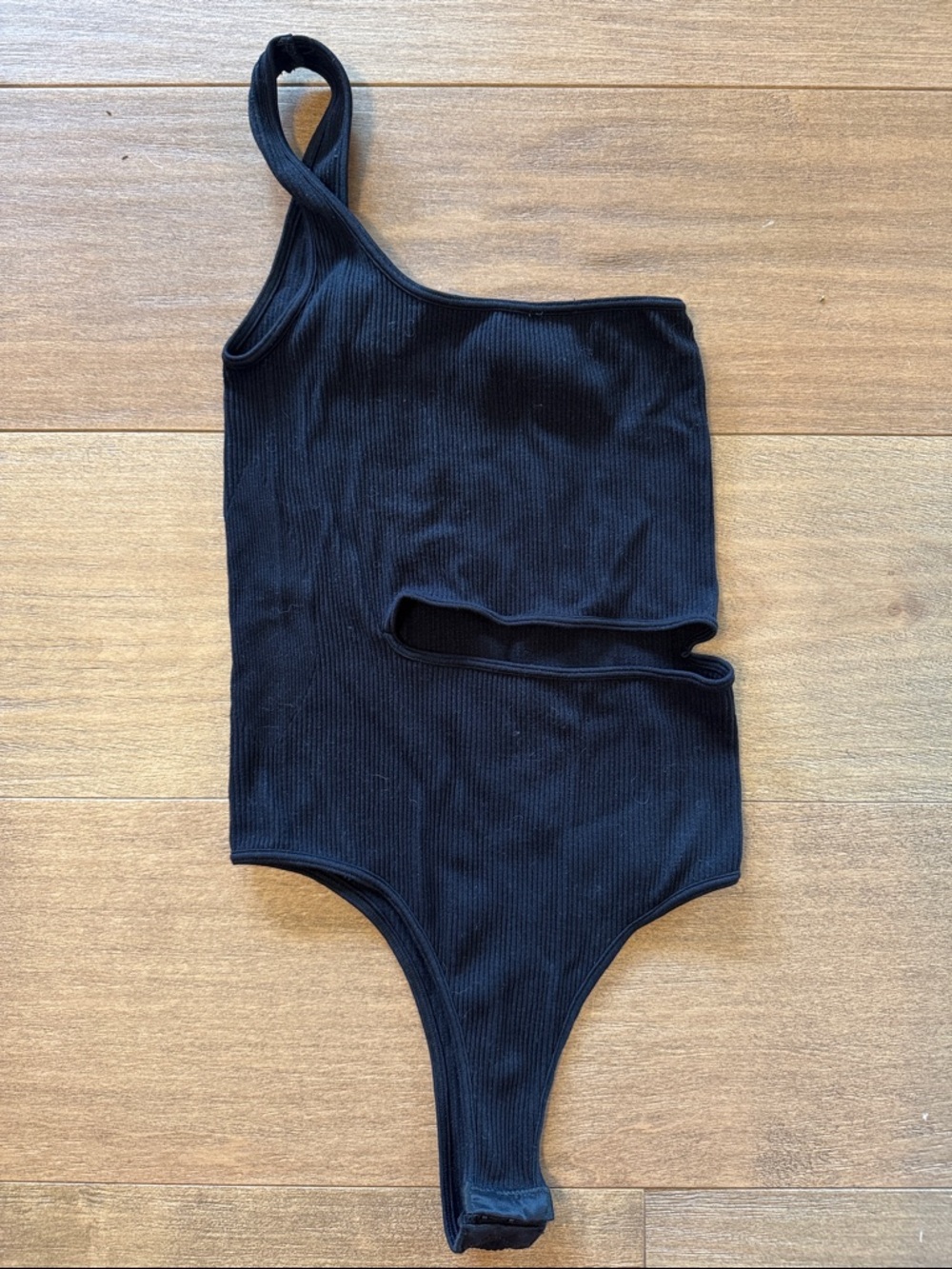 Black One-Shoulder Cutout Ribbed Bodysuit